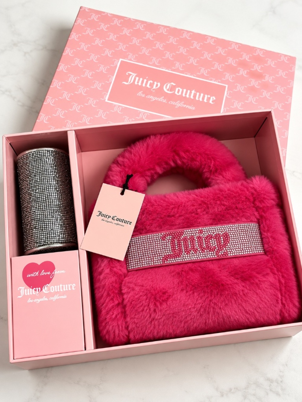 NWT Juicy Couture 2pc Gift Box Set – Pink Faux Fur Tote Bag & Barrel Coin Purse